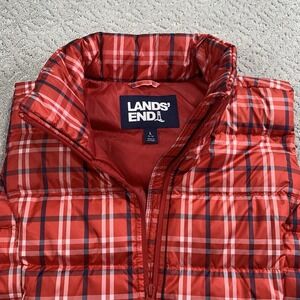 Lands End Womens Down Puffer Vest Large Red Plaid Quilted Zip Up Snap Pockets